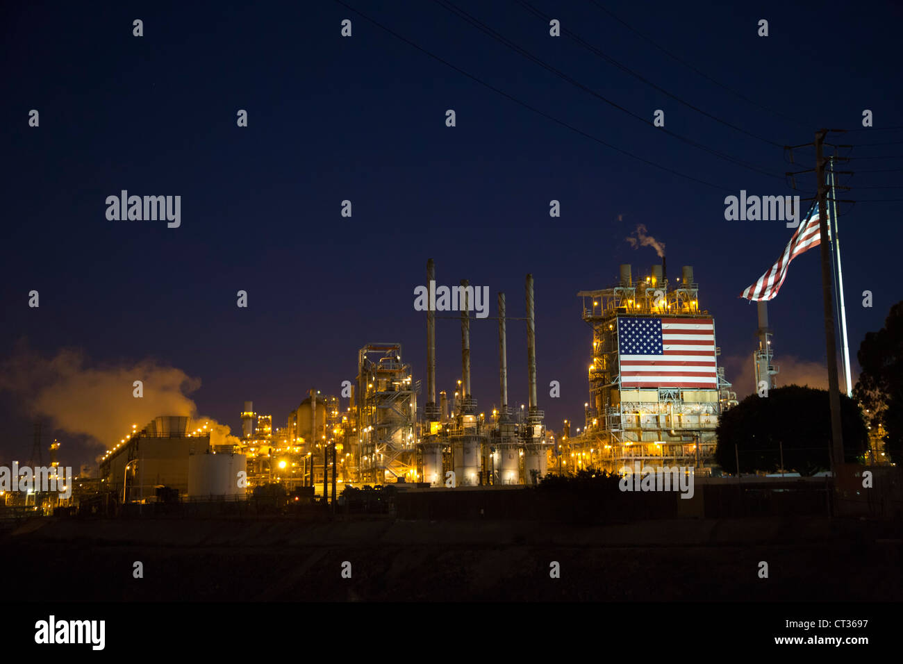 Wilmington, California An oil refinery, operated by BP, displays a huge American flag Stock