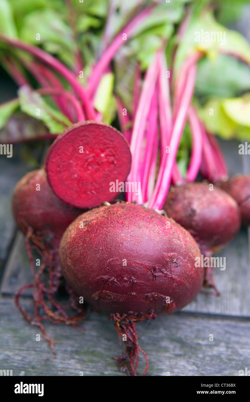 Beta vulgaris, Beetroot, harvested red vegetables on a wooden table with one cut in half facing forward. Stock Photo