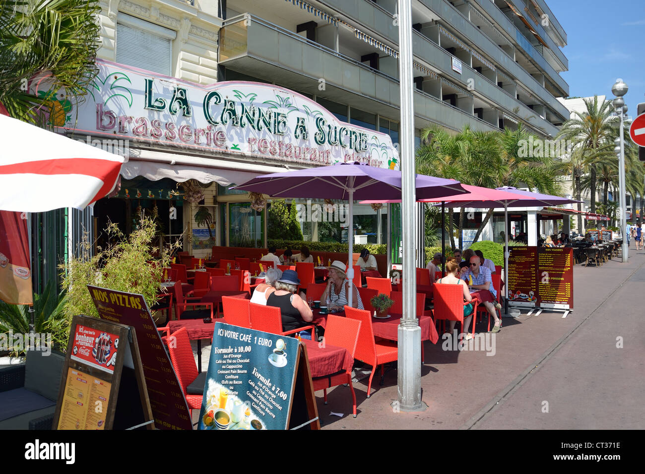 La Canne à Sucre brasserie sign, Promenade des Anglais, Nice, Côte d'Azur, Alpes-Maritimes, Provence-Alpes-Côte d'Azur, France Stock Photo