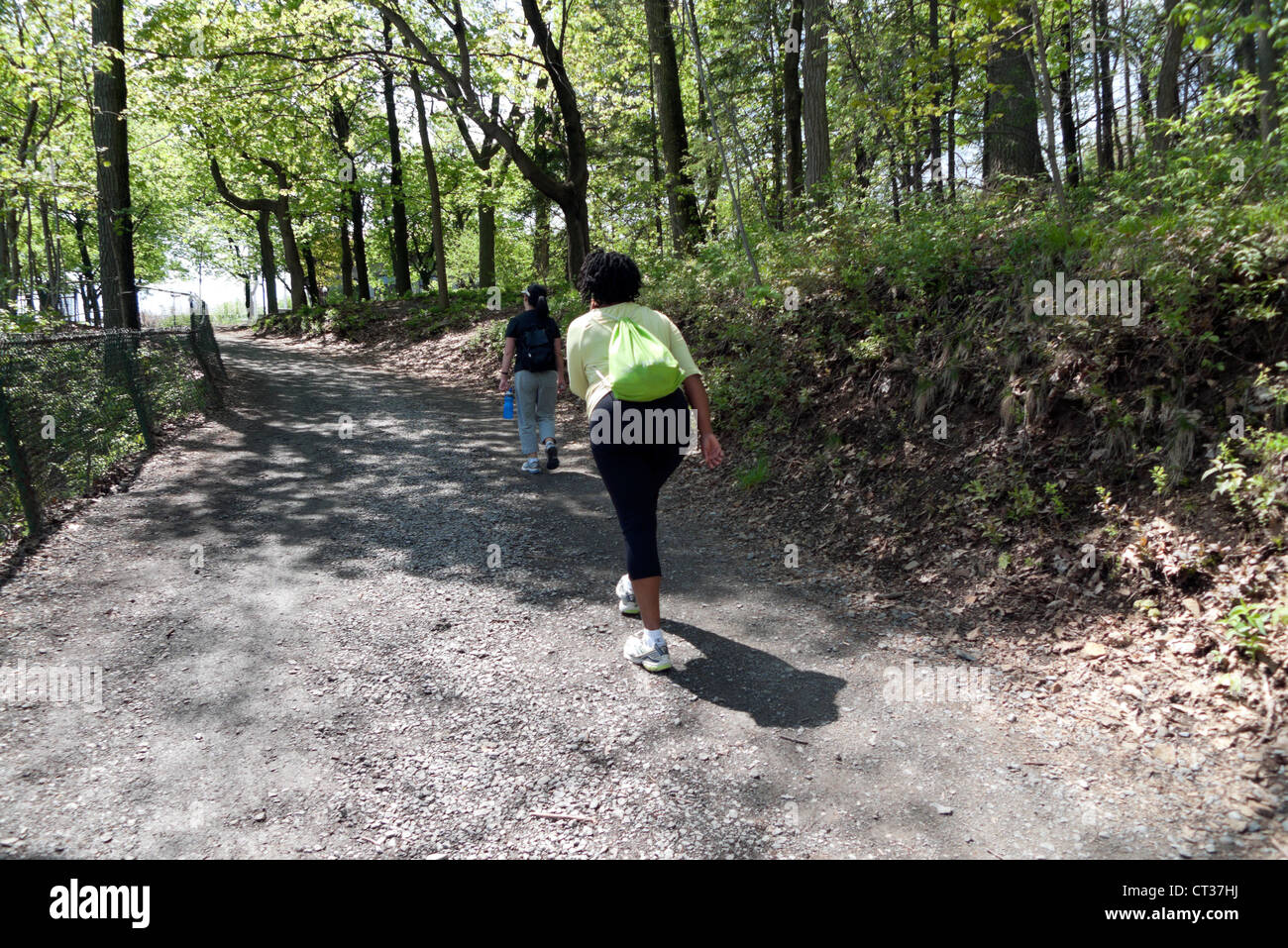 Teenager rear, young black woman climbing the ascent path to Mont Royal through leafy green park in spring Montreal Canada North America  KATHY DEWITT Stock Photo