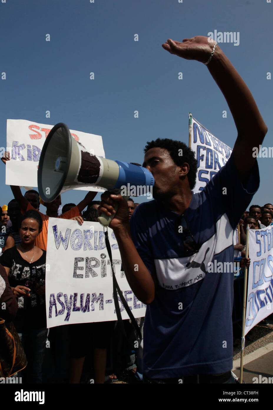 African migrants taking part in a demonstration against the deportation policy of asylum seekers and illegal immigration by Israeli government in front of the US embassy in Tel Aviv Israel Stock Photo