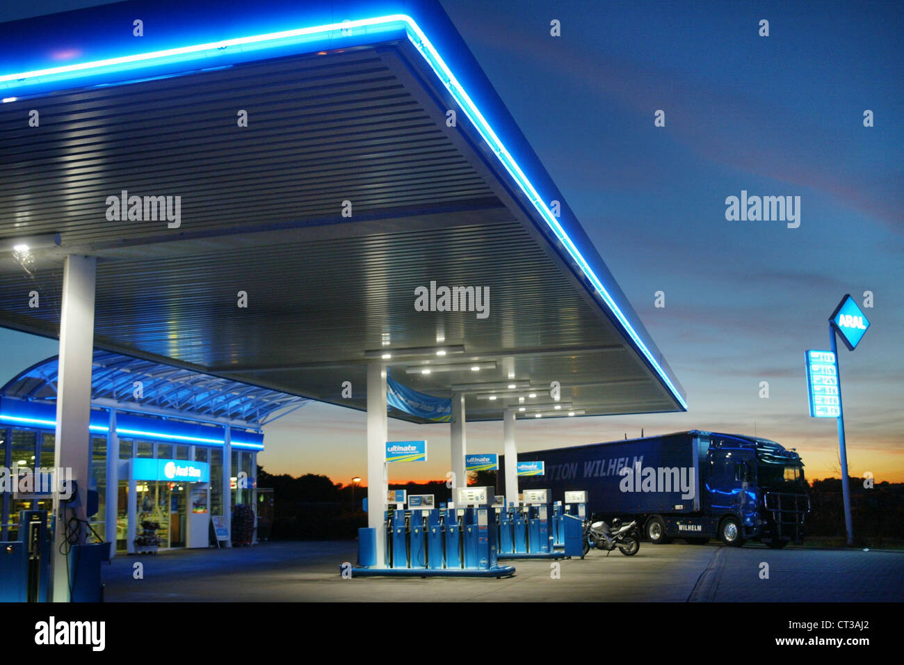 Berlin, an Aral gas station in the evening light Stock Photo