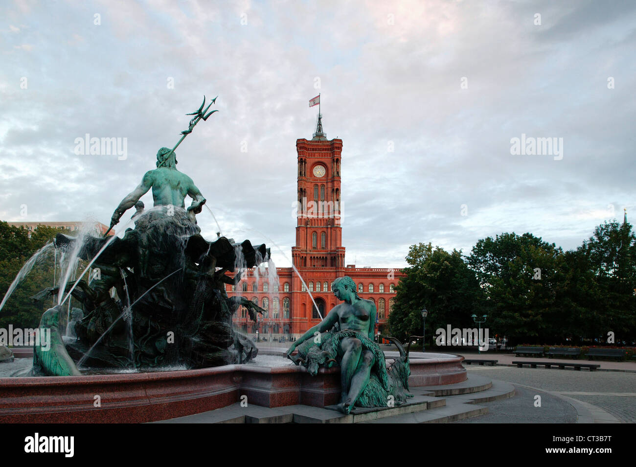 Berlin Red Town Hall and Neptune Fountain Stock Photo