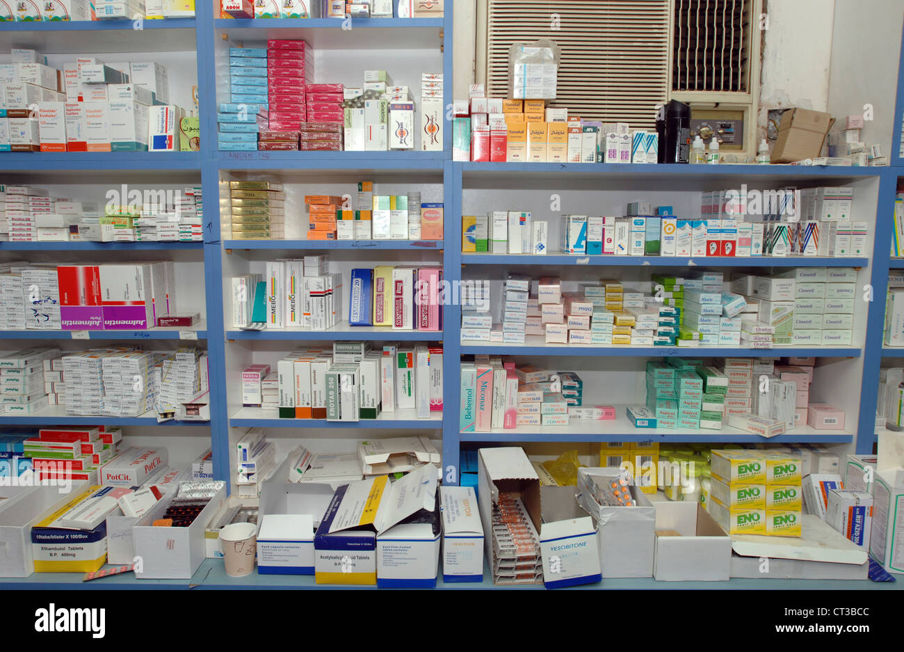 A range of drugs stored on the shelves of a hospital pharmacy in Sudan, Africa. Stock Photo
