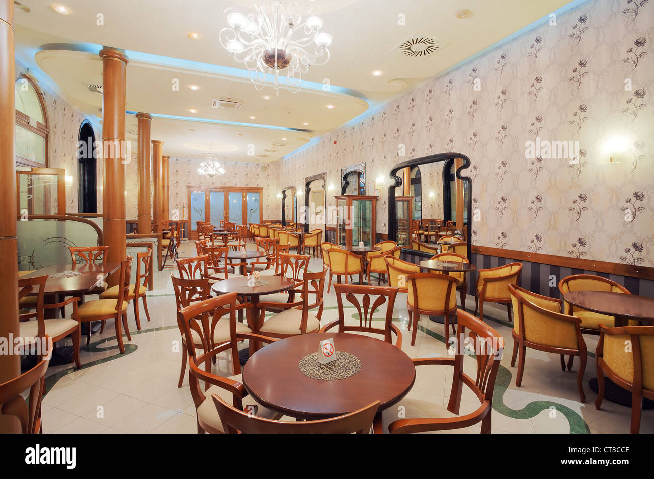 Interior of a restaurant vintage style wooden classical