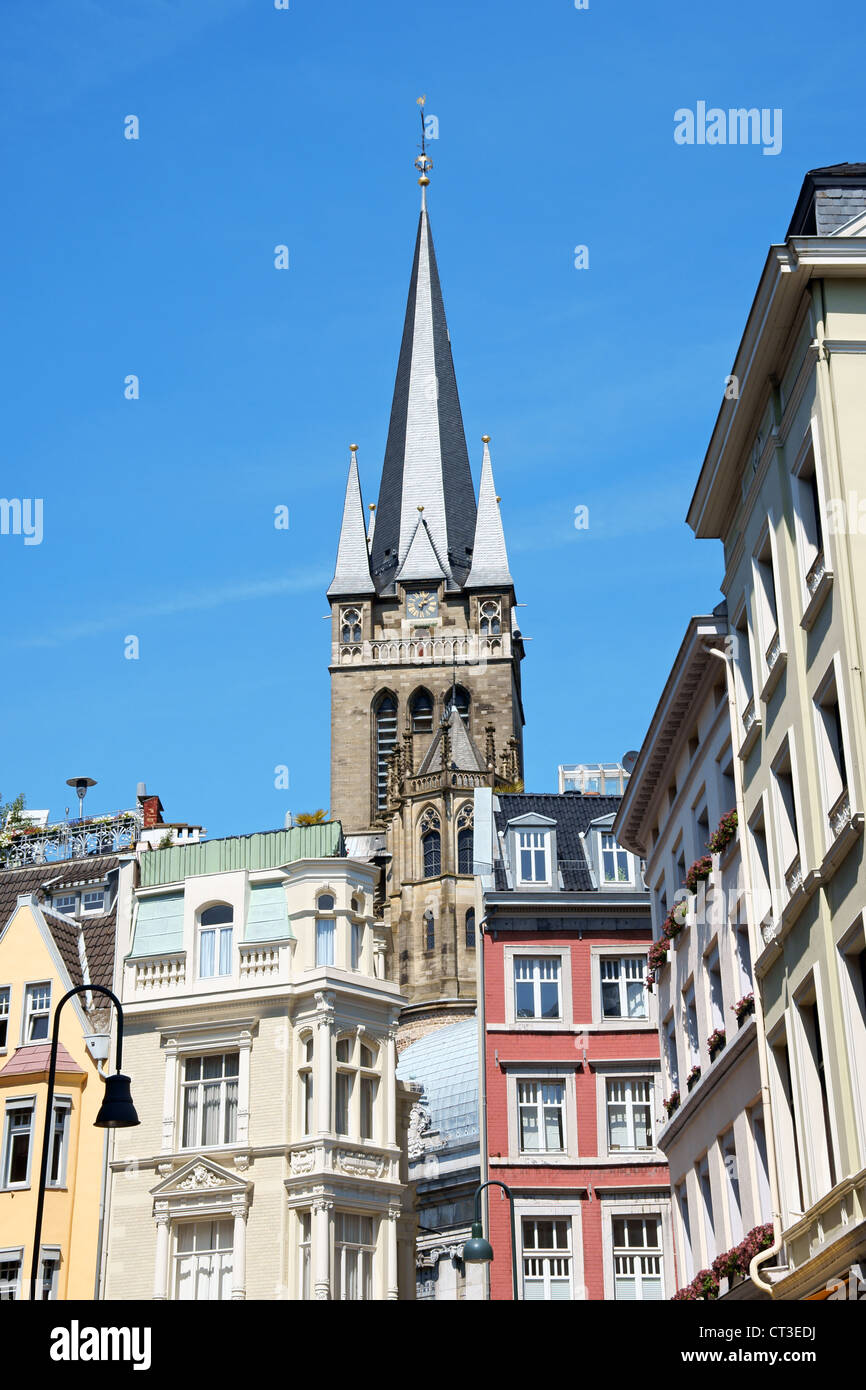Downtown Aachen with old colorful buildings and the Imperial Cathedral