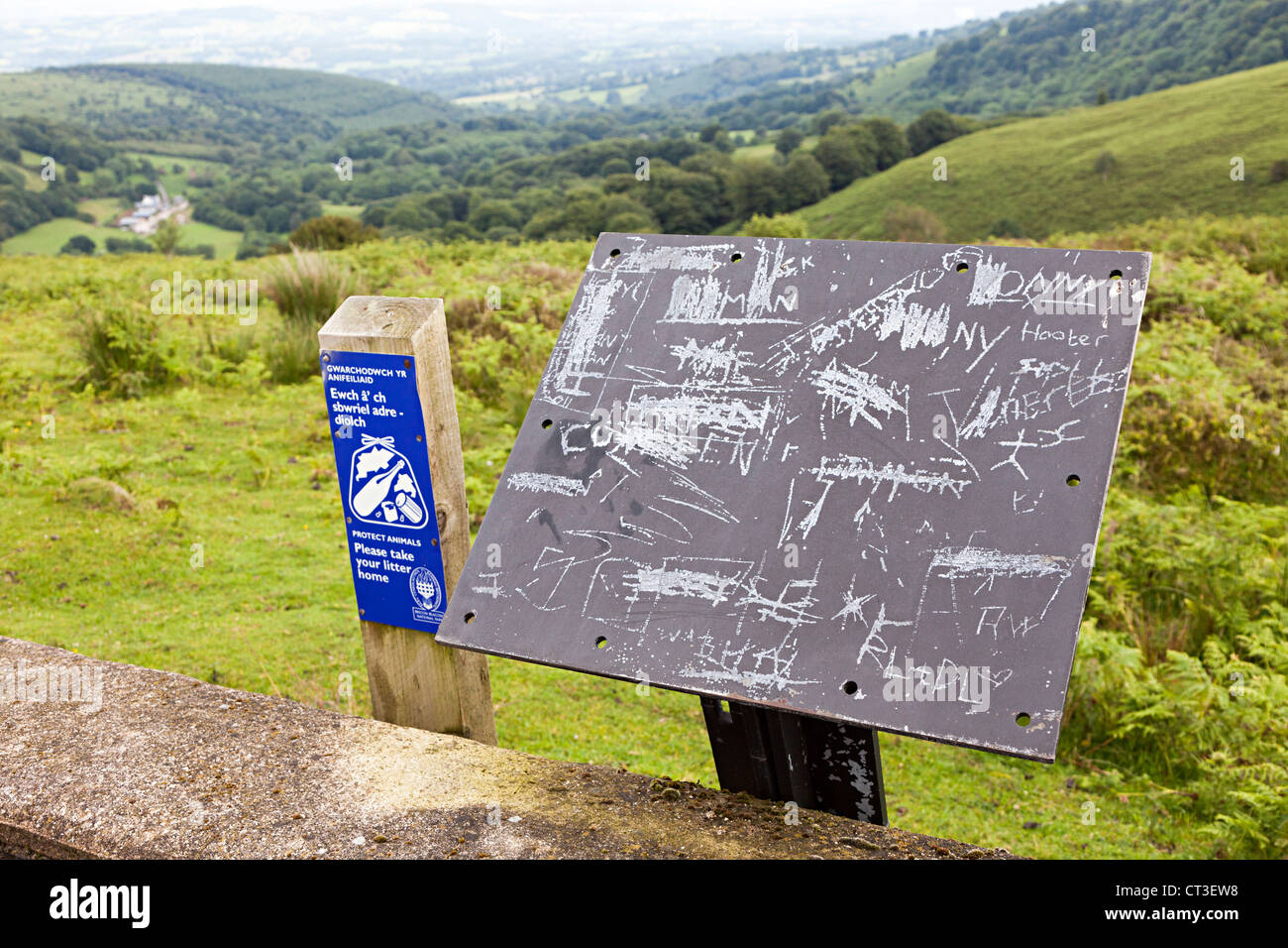 Vandalised countryside information sign at side of road, Blorenge World Heritage Site area, Blaenavon, Wales, UK Stock Photo