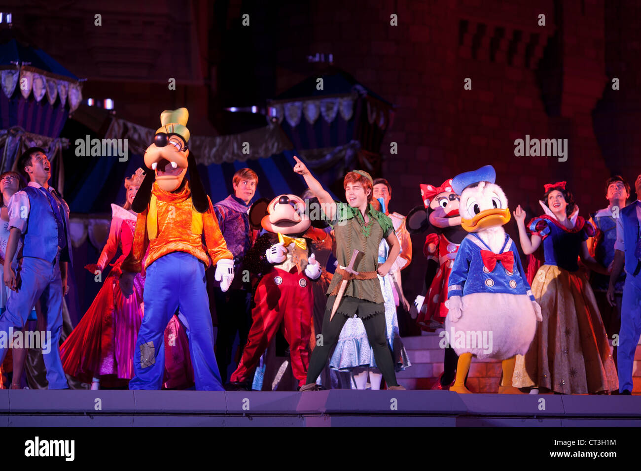 Peter Pan with other Disney Characters in Magic Kingdom, Disney World, Orlando, Florida Stock Photo