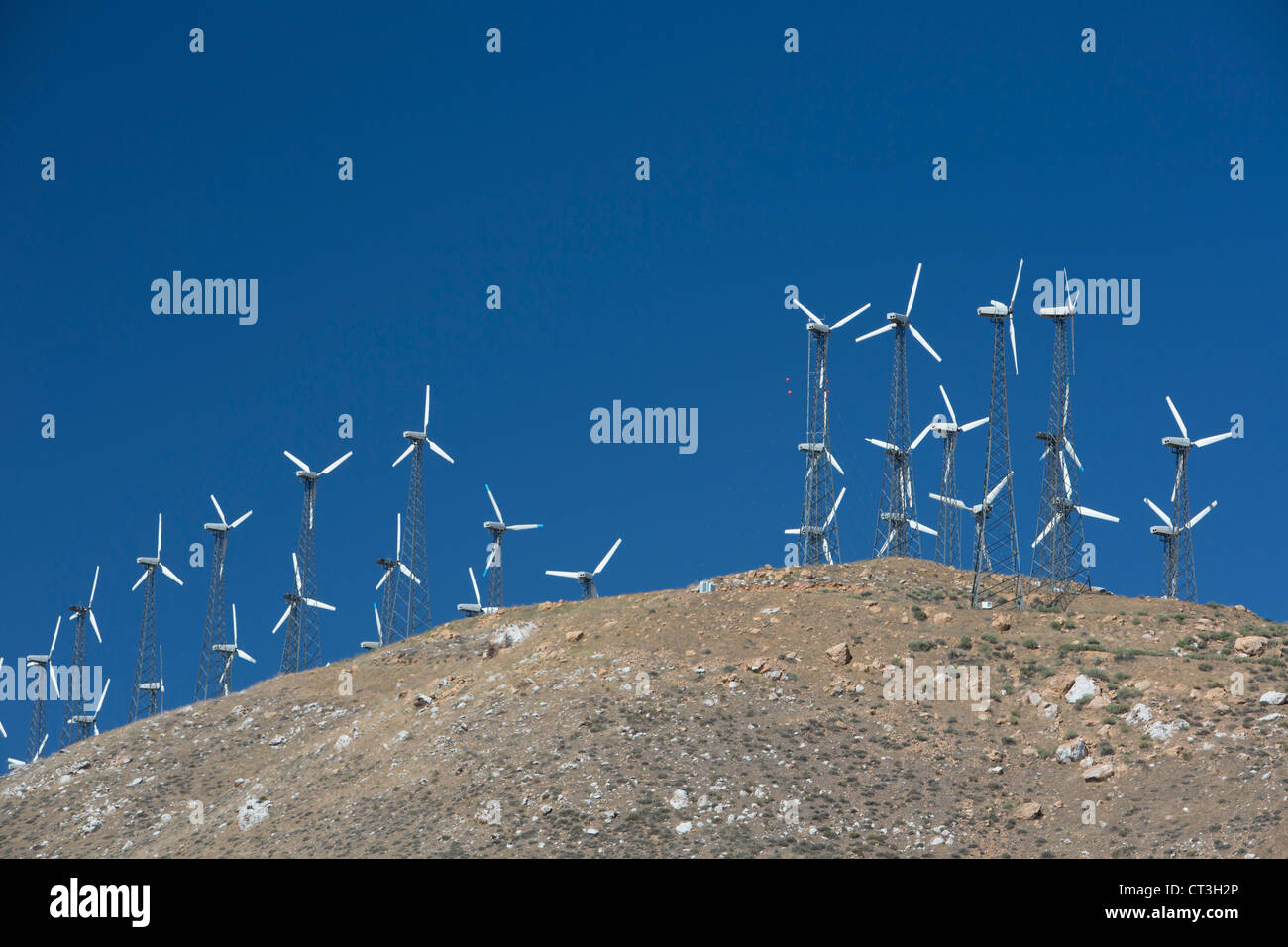 The world's second largest collection of wind turbines in Tehachapi Pass, northeast of Los Angeles. Stock Photo