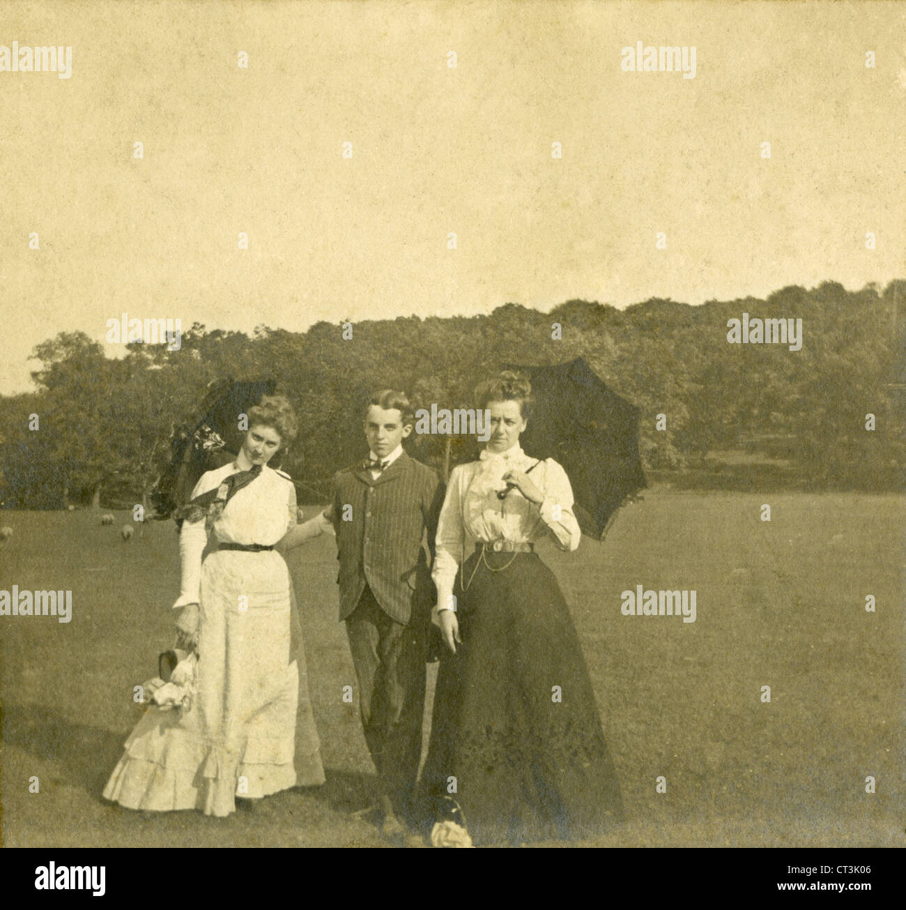 Circa 1890s antique photograph, three Victorian women and man outside in a sheep pasture. Stock Photo