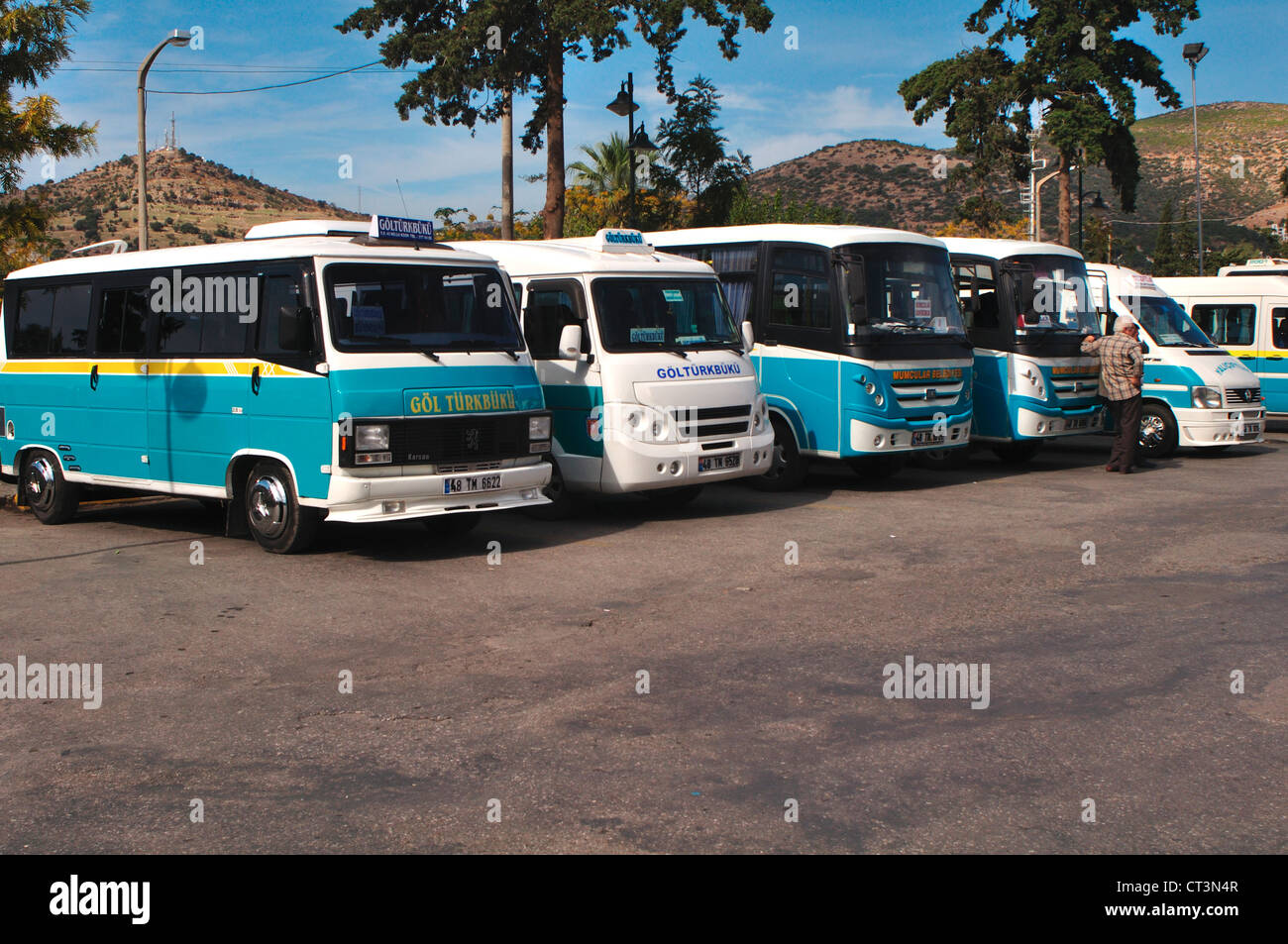 Turkey, Bodrum, Bus Station, Typical Turkish Small Buses Stock Photo