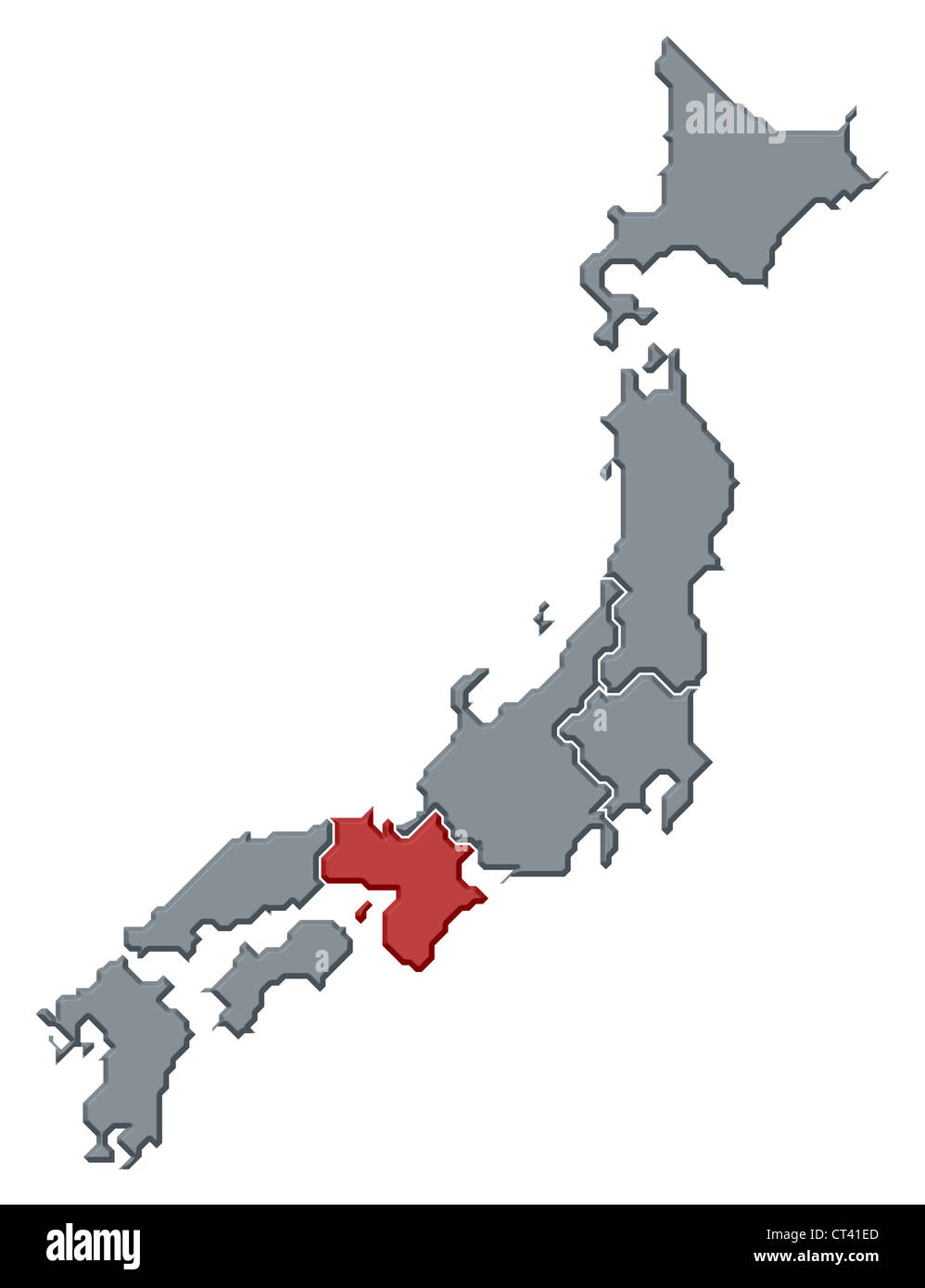 Political map of Japan with the several regions where Kinki is highlighted. Stock Photo
