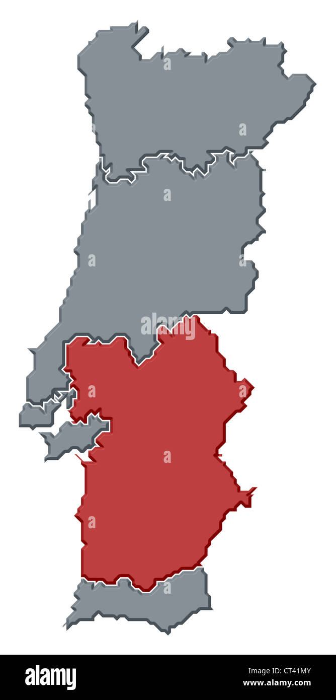 Political map of Portugal with the several regions where Alentejo is highlighted. Stock Photo