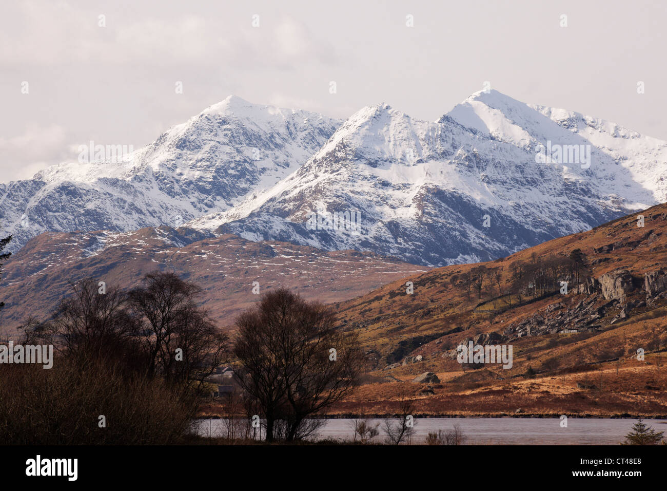 Mount Snowdon range from Capel Curig, Wales. Stock Photo