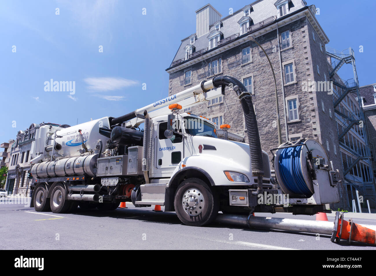Vactor 2100 sewer vacuum cleaner truck on Ste Catherine street, Montreal, province of Quebec, Canada. Stock Photo