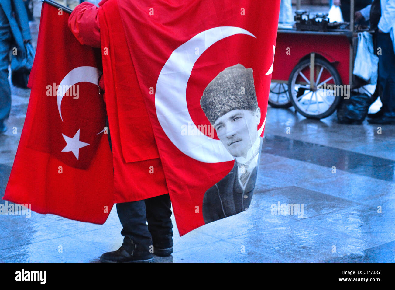 Turkey, Istanbul, Turkish Flag Printed With A Picture Of Ataturk Stock Photo