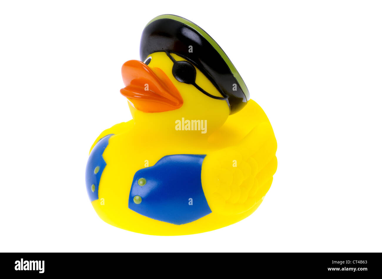 A rubber duck dressed like a pirate - studio shot with a white background Stock Photo