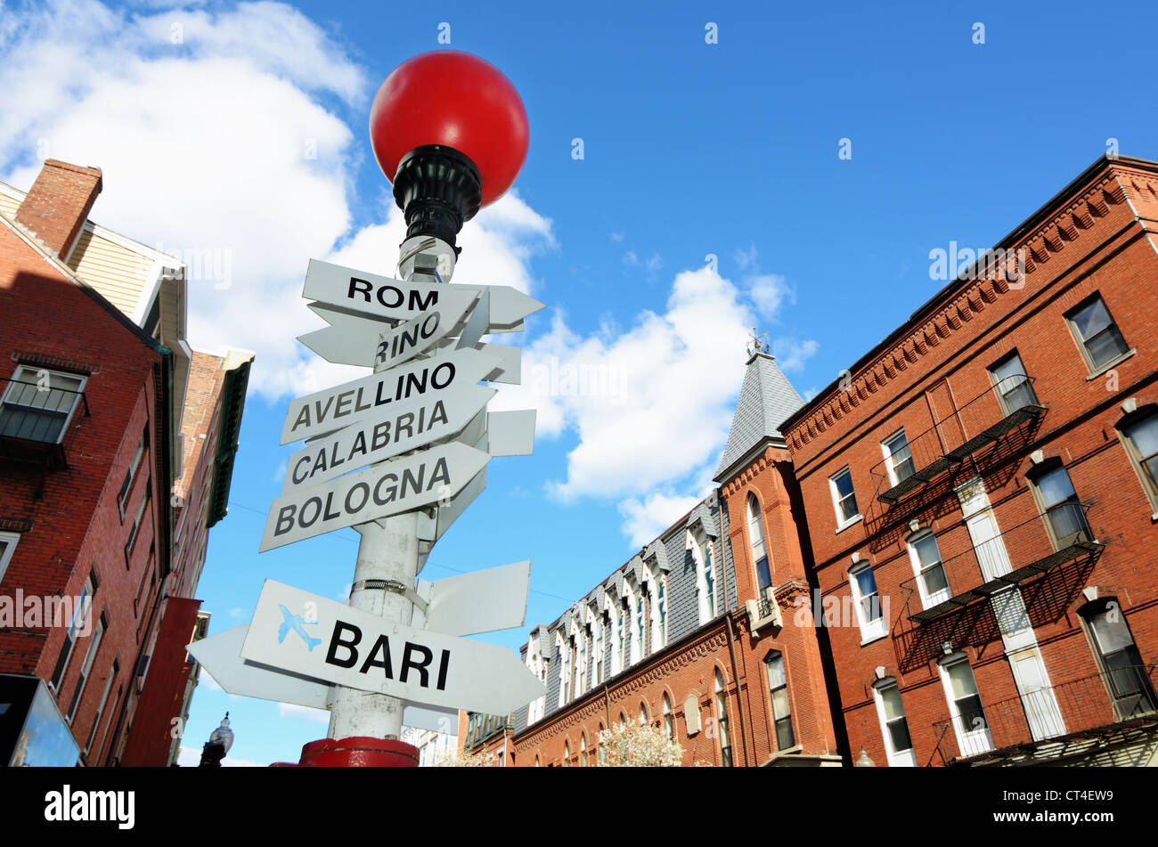 Sign depicting direction of different Italian Cities in the LIttle Italy section of the North End of Boston, Massachusetts, USA. Stock Photo