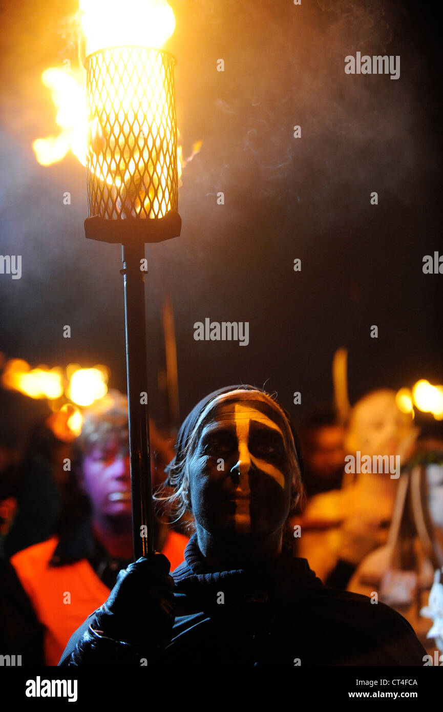 Performers take part in the annual Beltane Fire Festival on Calton Hill, Edinburgh, Scotland. Stock Photo