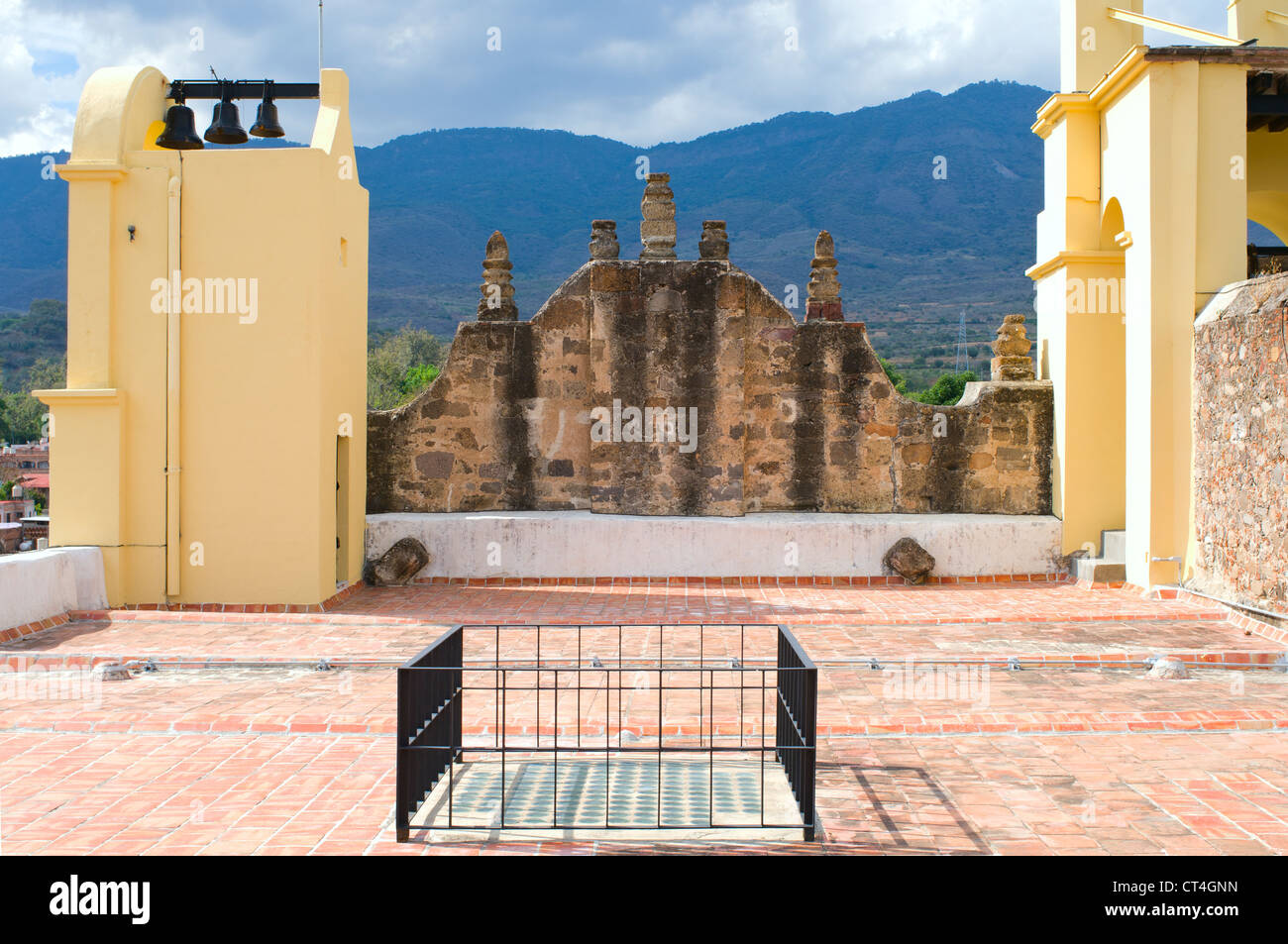 Atop roof of Franciscan convent surrounded by mountains of Sierra Madre range in Amacueca Mexico Stock Photo