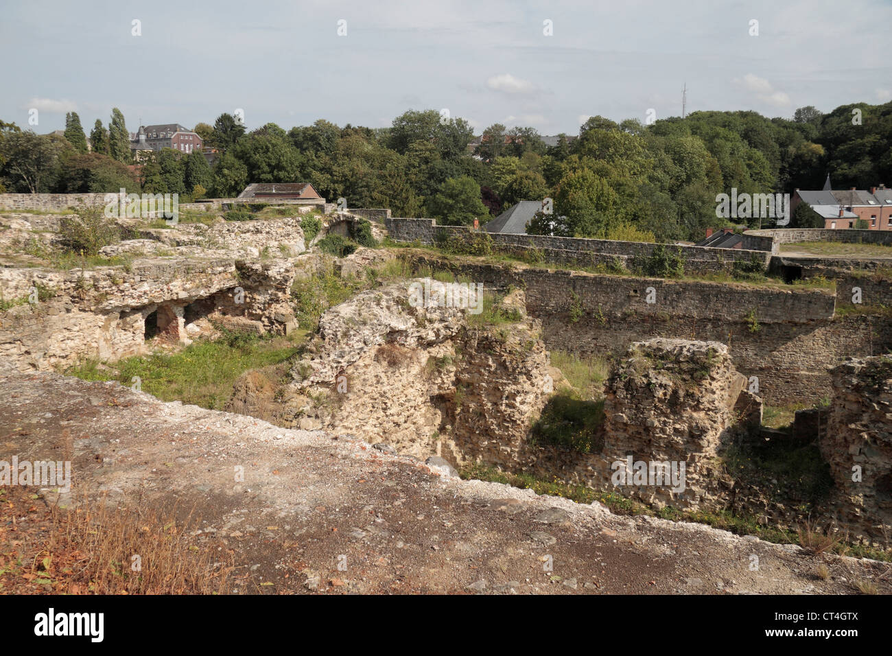 Ruins of the city walls/ramparts in Binche, Hainaut, Wallonia, Belgium. Stock Photo