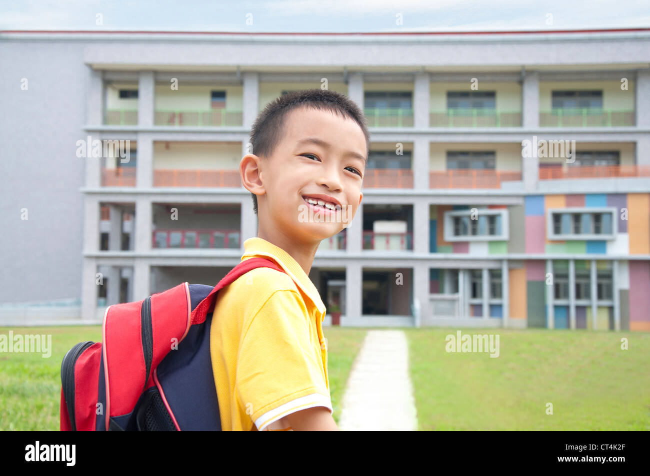 Asian kid happy to go to school Stock Photo