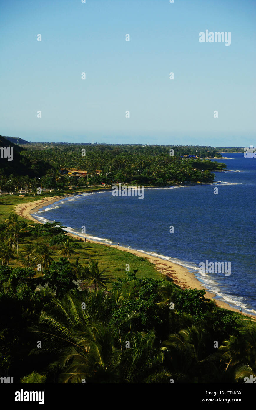 Brazil, Bahia, Porto Seguro, Arraial d'Ajuda, view on the bay with palm trees Stock Photo