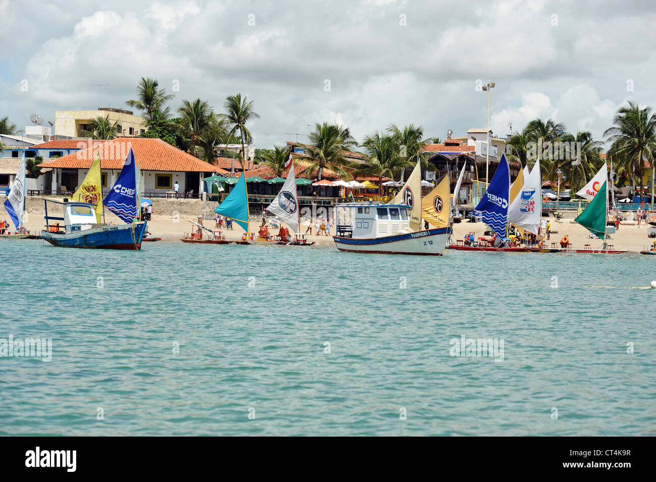 Brazil, Pernambuco, Porto de Galinhas, sailing boats going to the natural pools Stock Photo