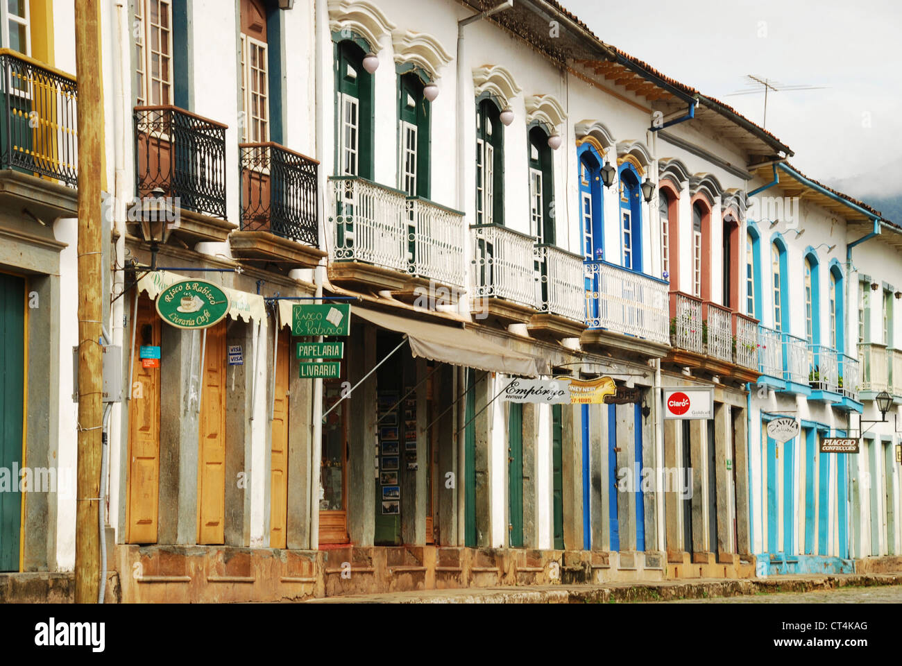 Brazil, Minas Gerais, Mariana, street with colorful colonial residential buildings Stock Photo