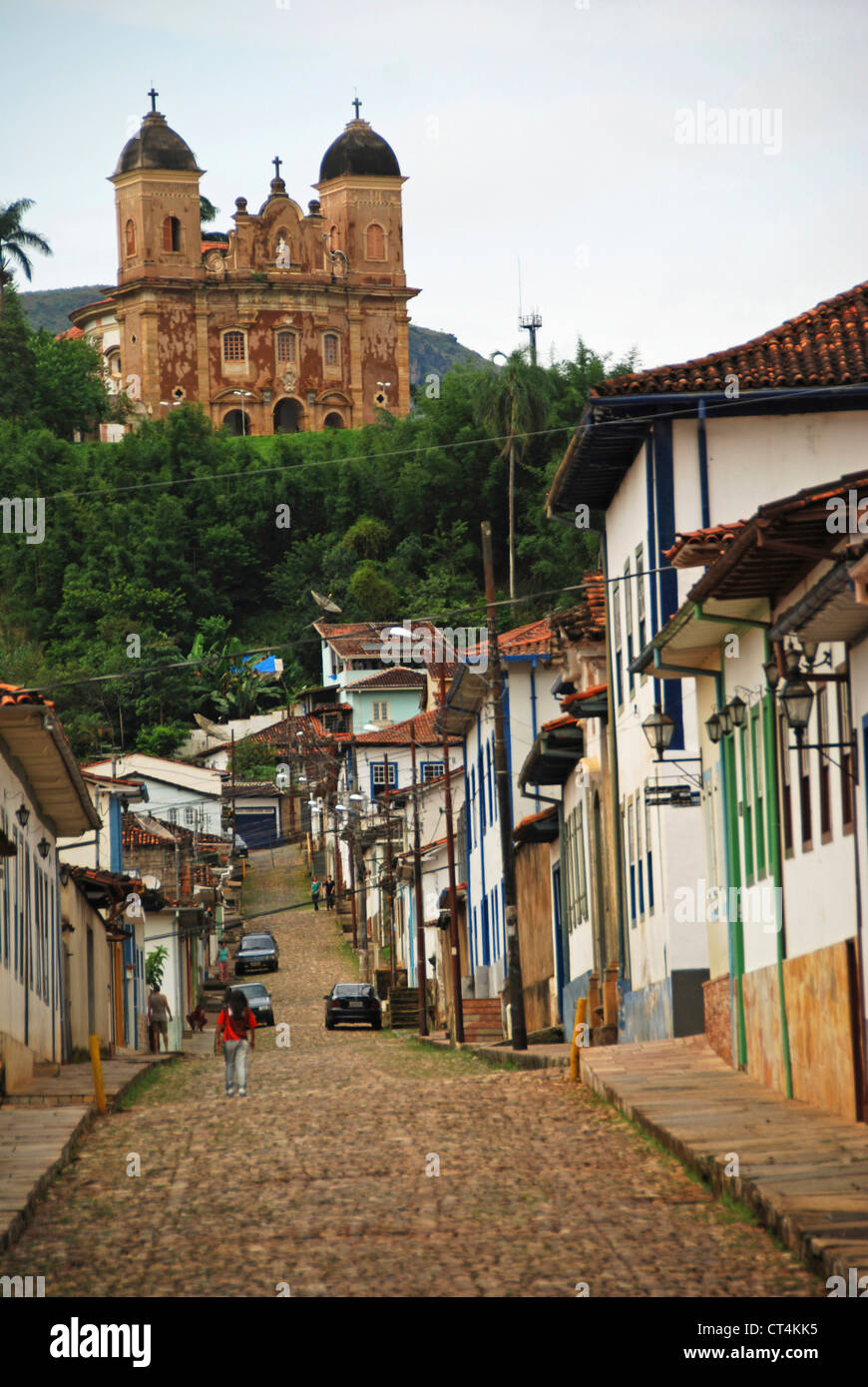 Brazil, Minas Gerais, Mariana, Igreja Sao Pedro dos Clerigos, old colonial church at the end of cobble street Stock Photo