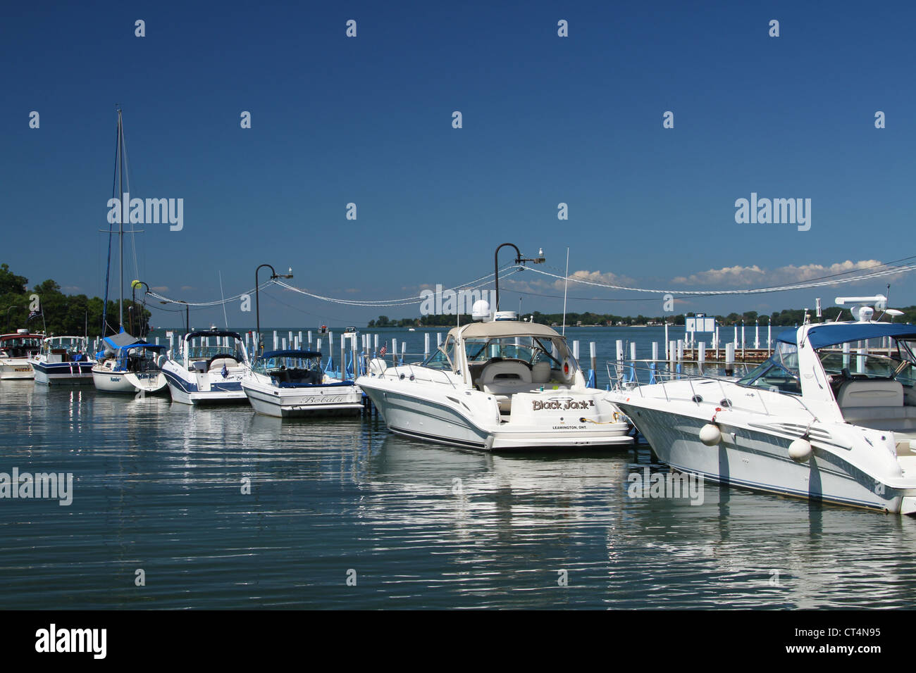 Boat at dock. PutInBay, South Bass Island, Ohio, USA. On Lake Erie