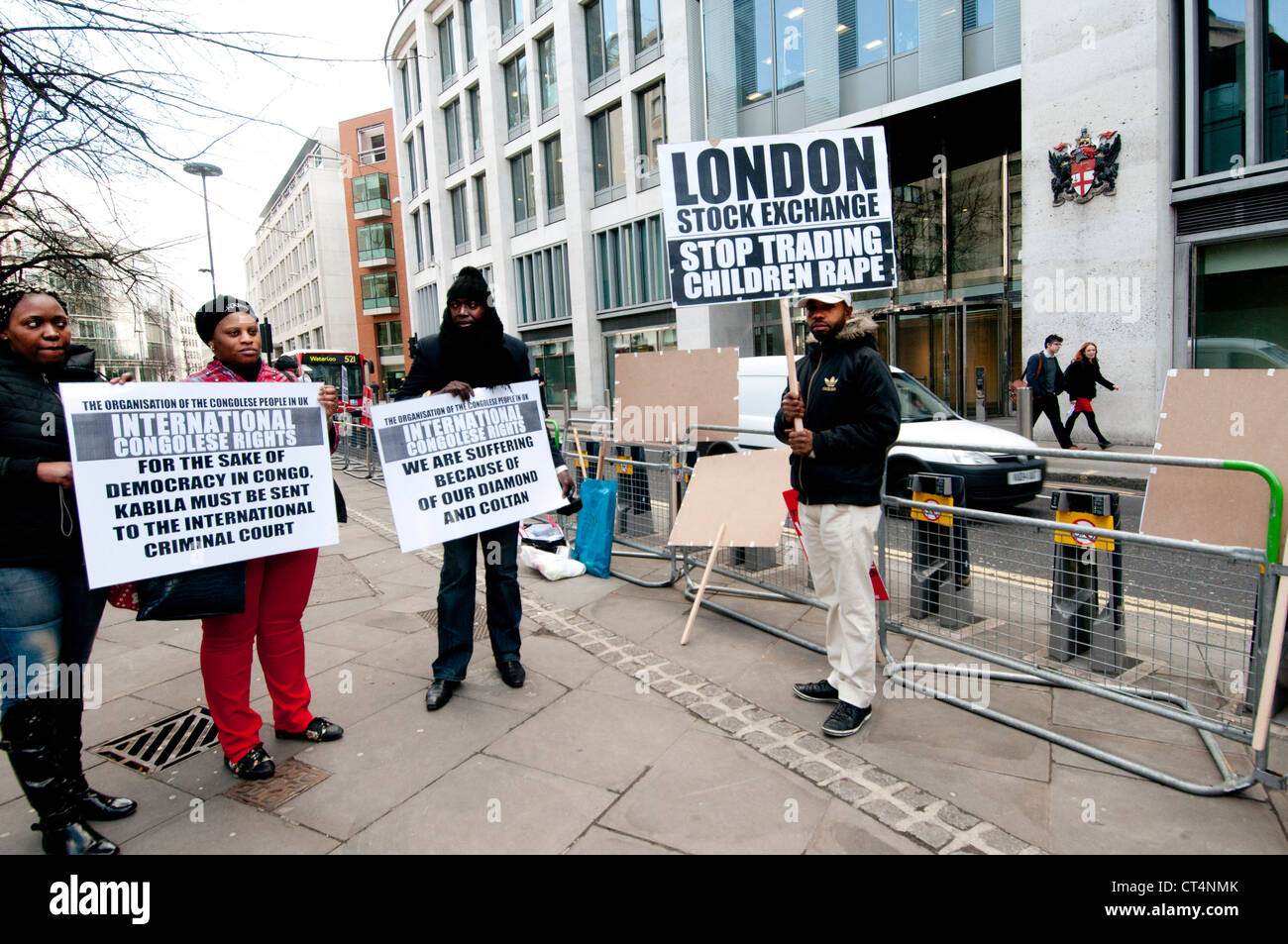 Protest by Congolese migrants at the stock exchange against violence at coltan mining sites in the DRC Stock Photo