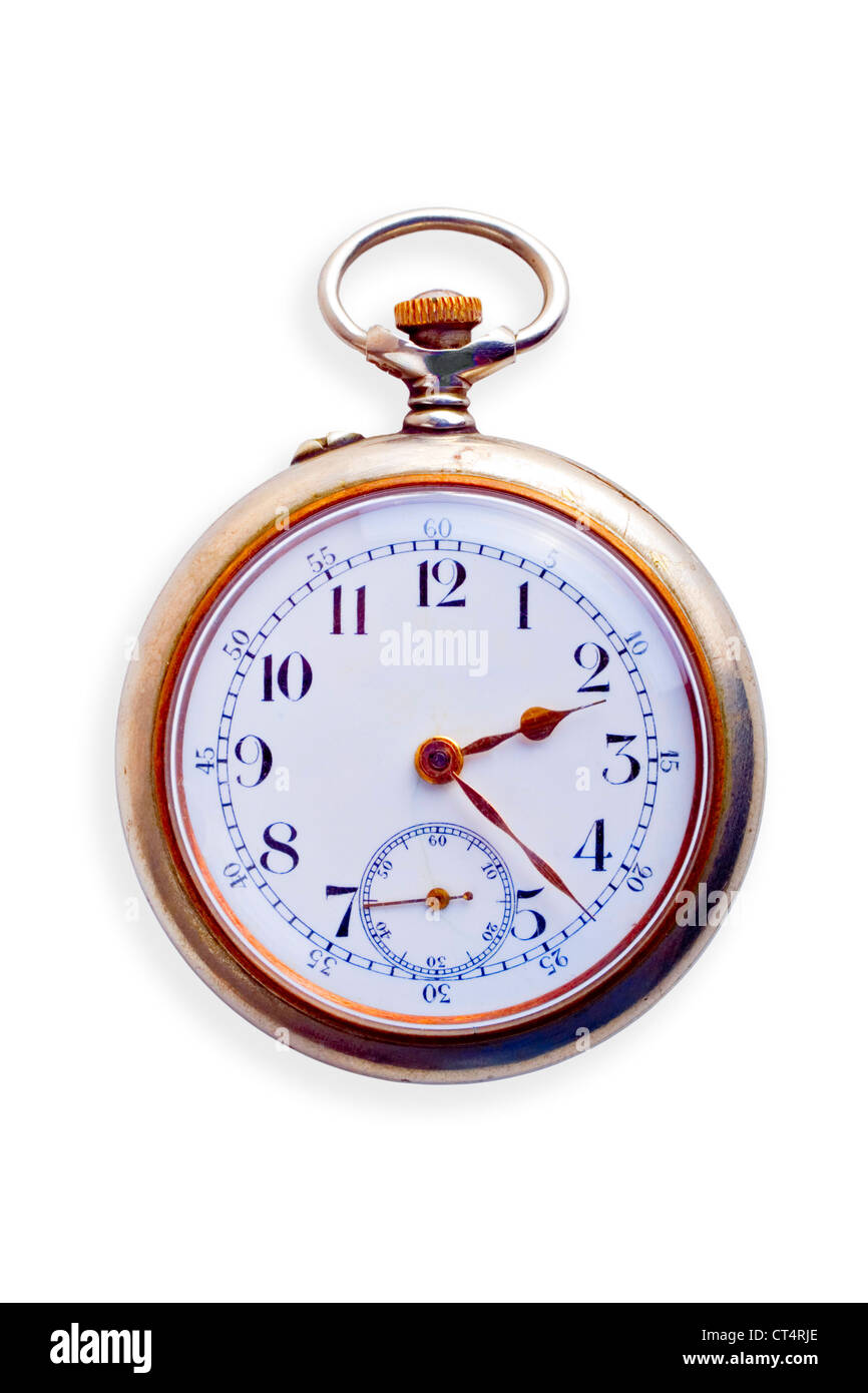 19th Century pocket watch, showing signs of age, isolated on white. Concepts of nostalgia, sense of time,ageing,time passing, Stock Photo