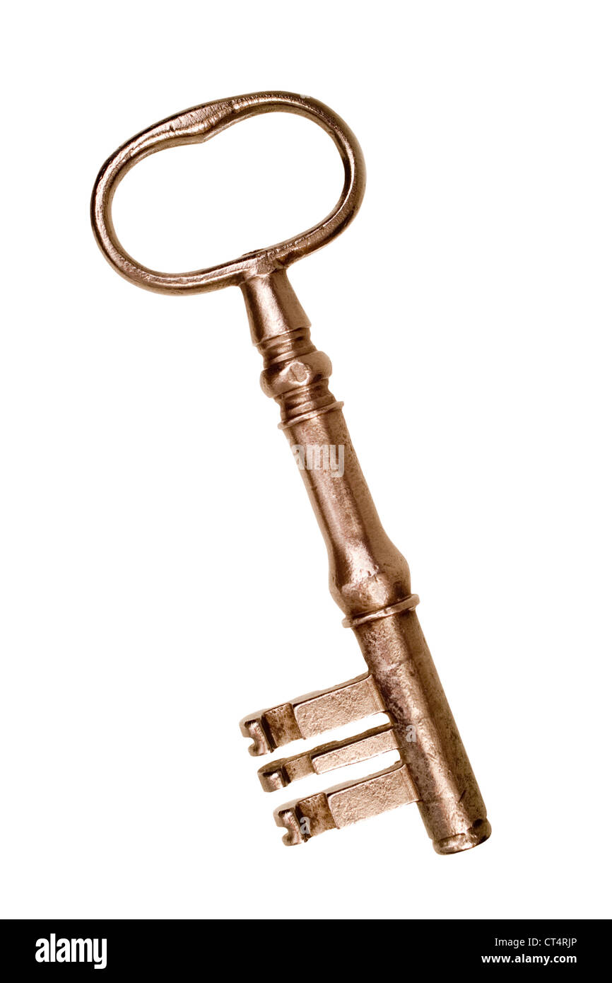 Large old key isolated on white and sepia toned. Stock Photo