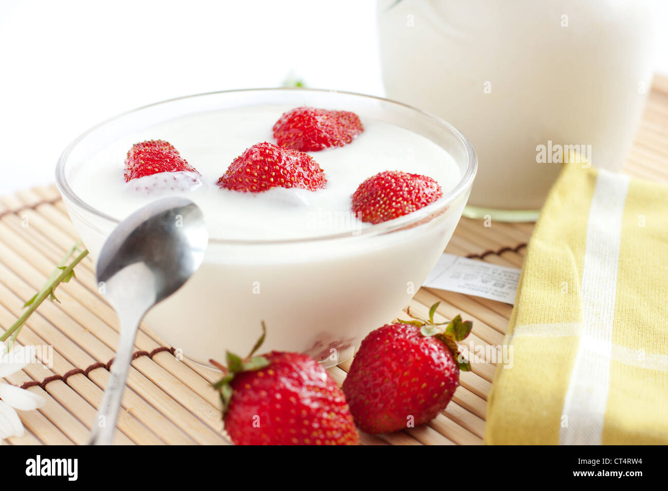 Strawberry yogurt with ripe berries close-up Stock Photo