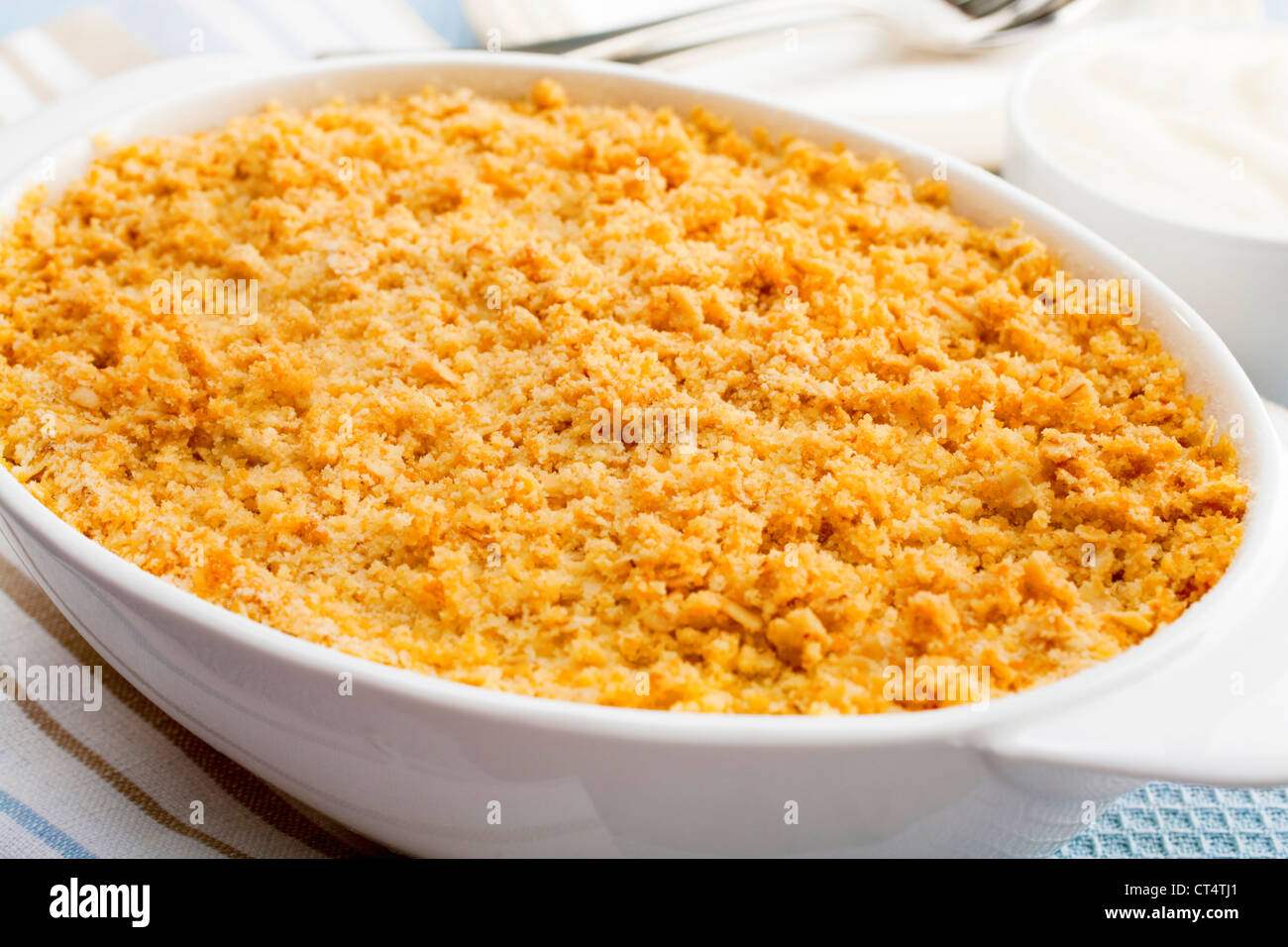 Home baked fruit crumble, nicely golden and crisp on top. Ideal dessert