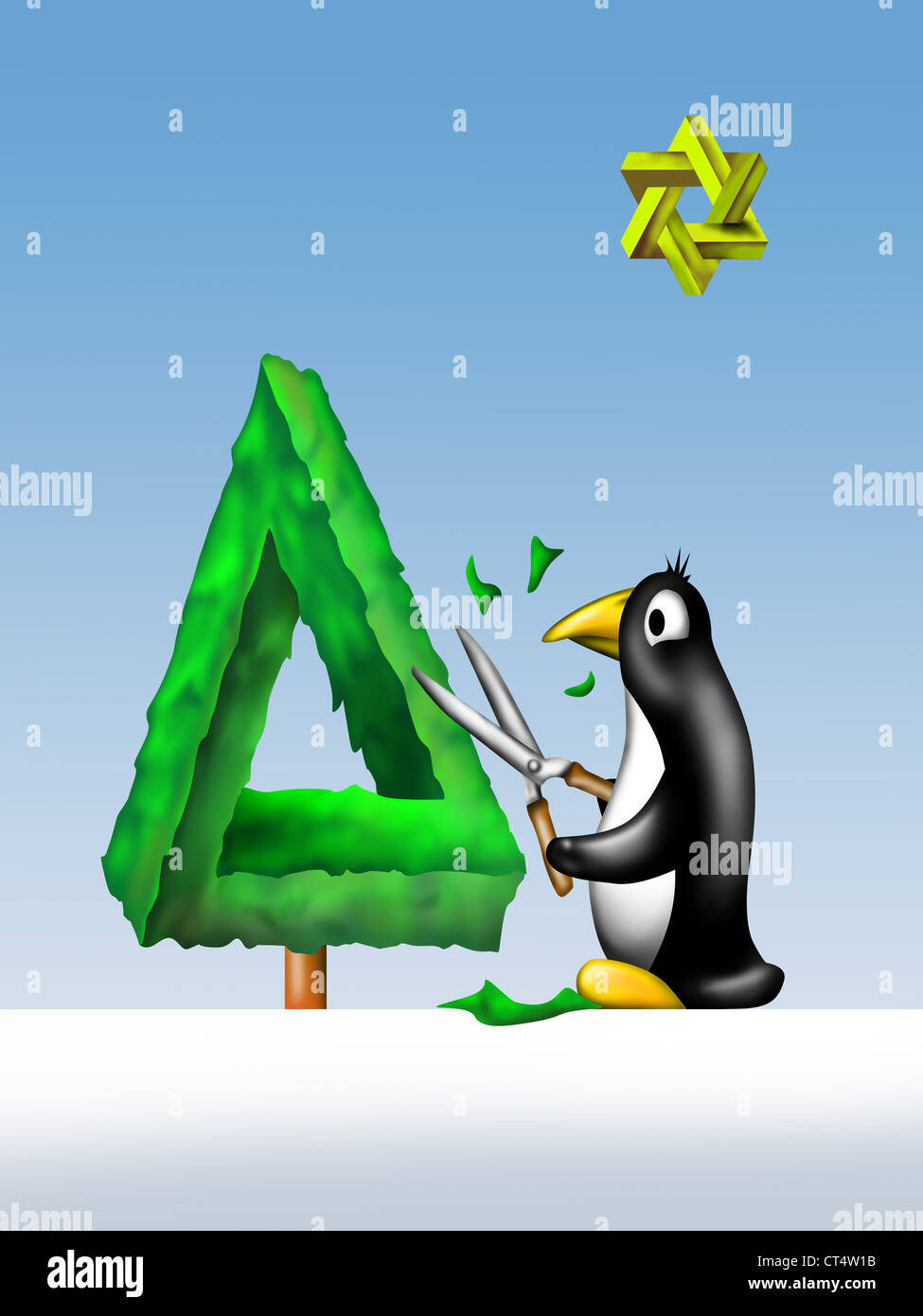 Illustration of a penguin trimming an impossible Christmas tree Stock Photo