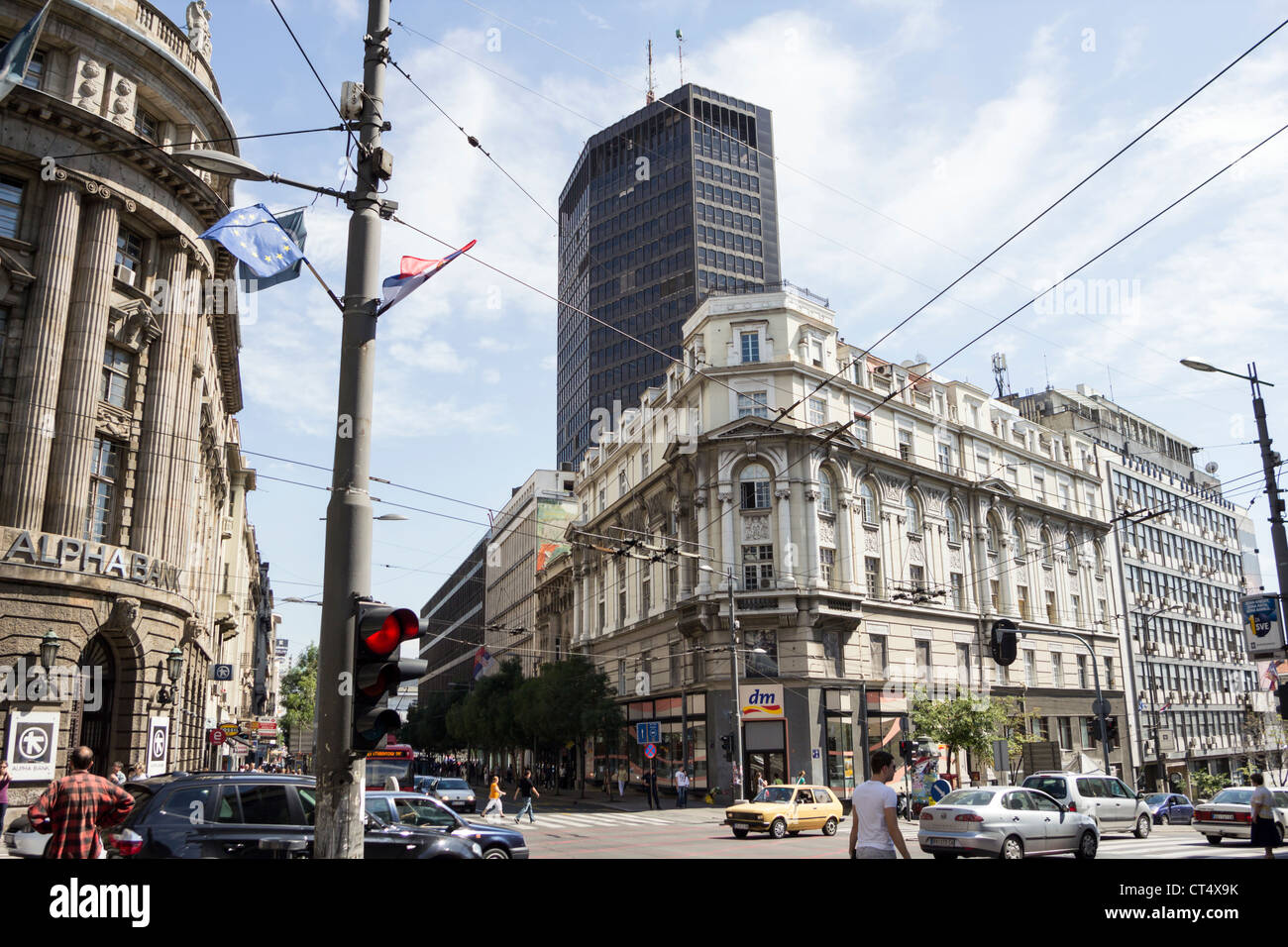 Belgrade city center in Serbia Kralja Milana street crossroad with Beogradjanka on the background Stock Photo
