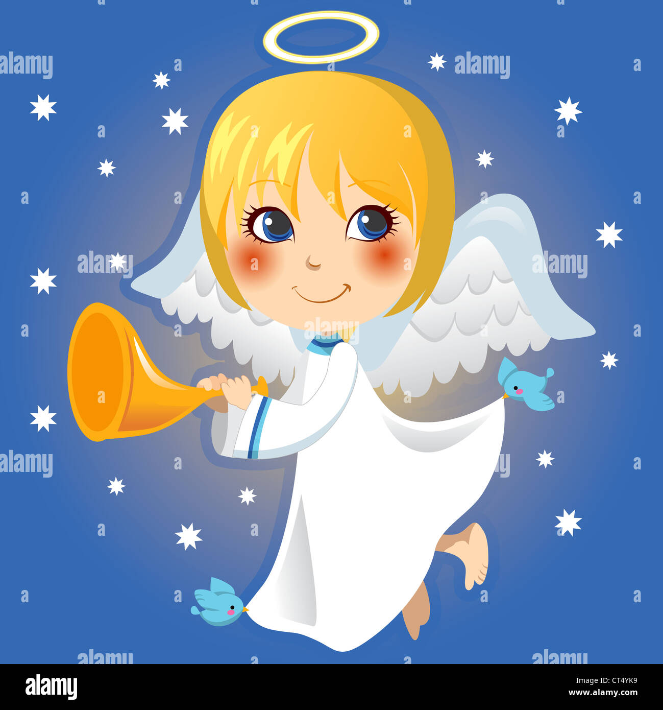 Cute little angel announcing with a trumpet the arrival of Christmas
