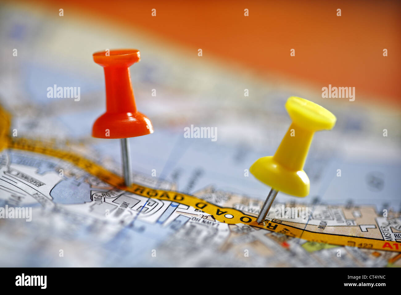 Push Pins On A Road Map Stock Photo - Download Image Now - Road