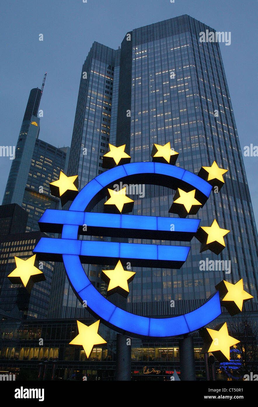Euro sculpture in front of the European Central Bank Stock Photo