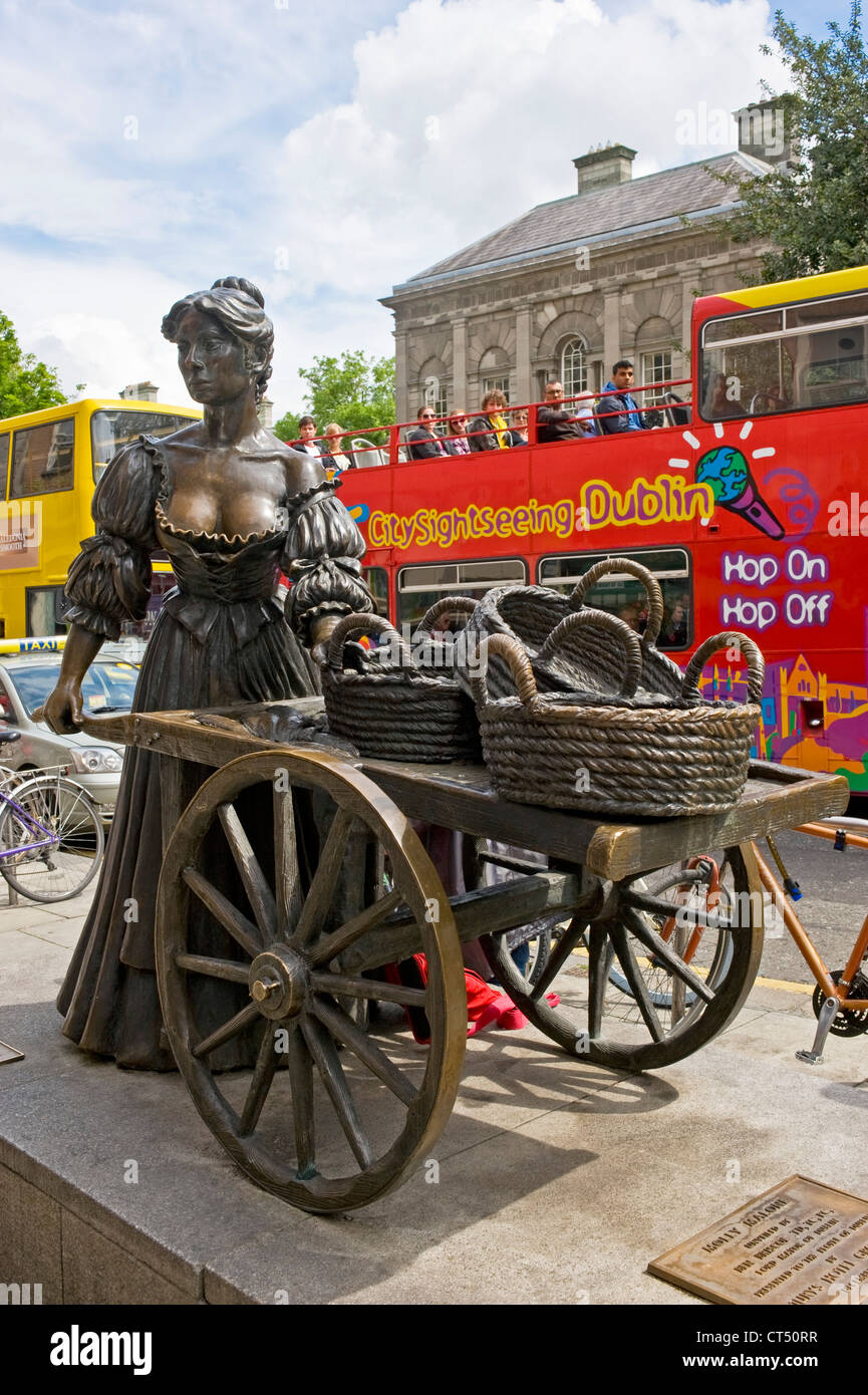 The statue of Molly Malone in Dublin with a Dublin City tour bus
