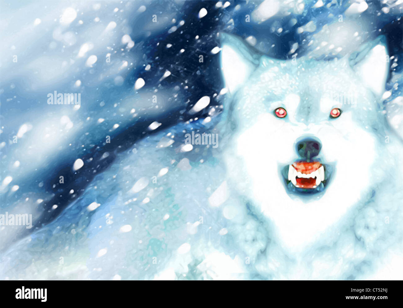 Illustration (semi vector) of a white snarling wolf with red eyes. This is an homage to Martin's series 'A song of Ice and Fire' Stock Photo