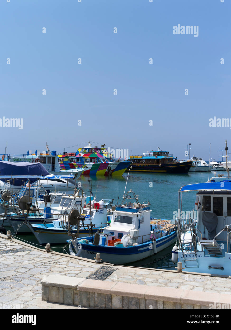 dh Liminaki harbour AYIA NAPA CYPRUS SOUTH Cypriot small inshore local traditional blue fishing boats moored quay island Stock Photo
