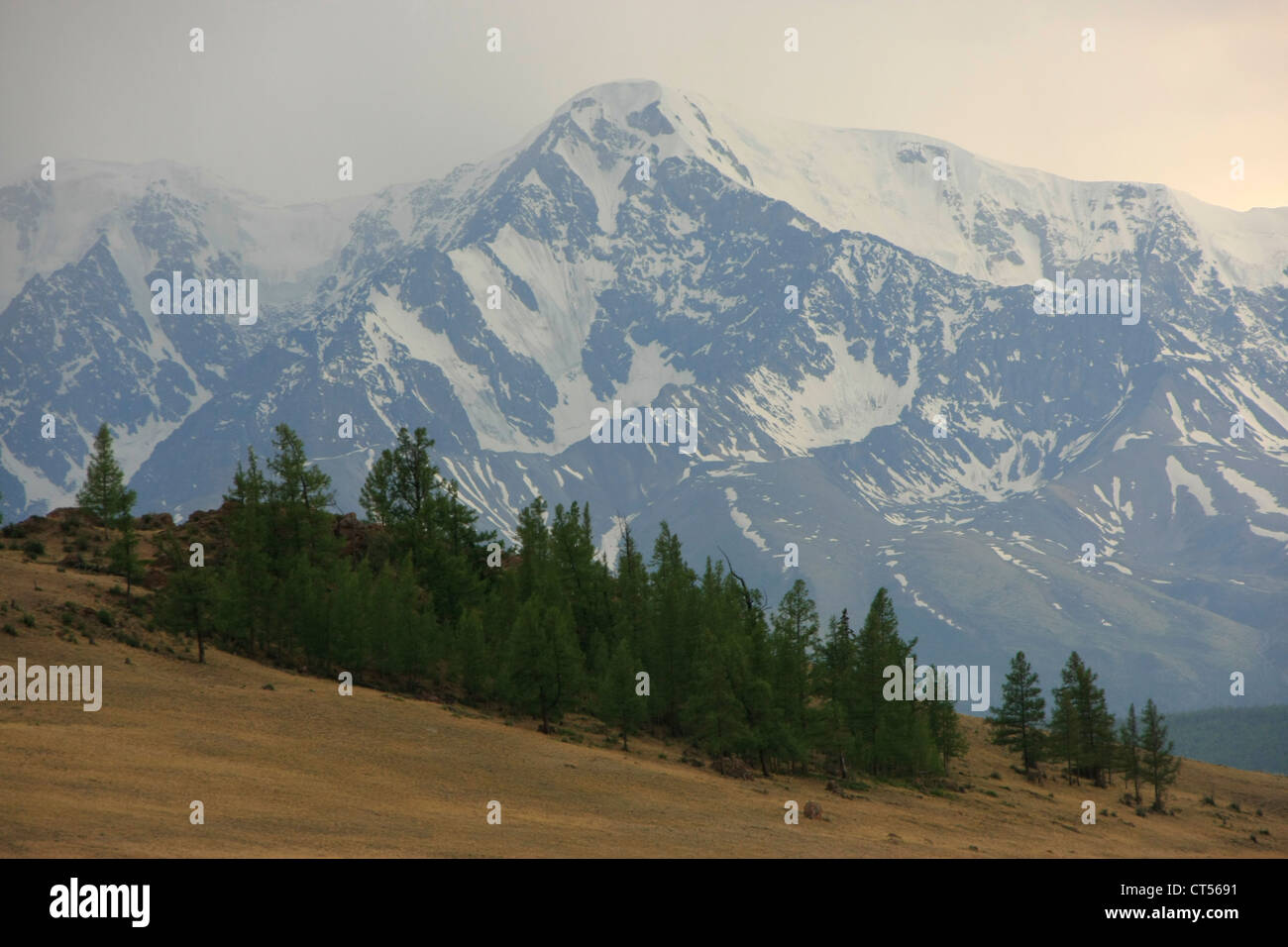 Snowcapped mountains with barren hillside, Altai, Siberia, Russia Stock Photo