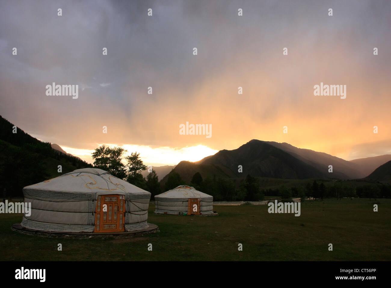 Yurts at sunset, Altai, Siberia, Russia Stock Photo