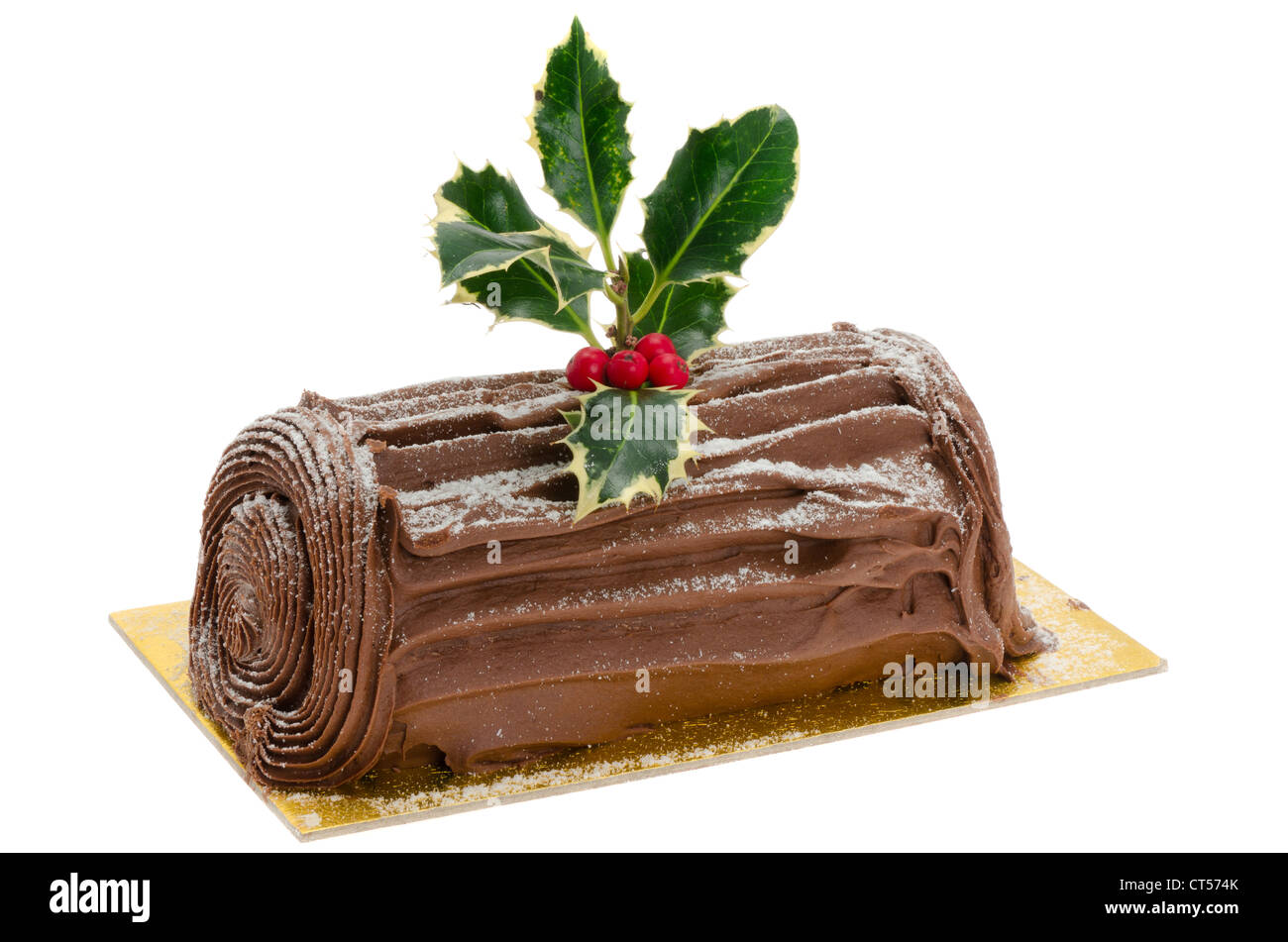 Chocolate Yule log - studio shot with a white background Stock Photo