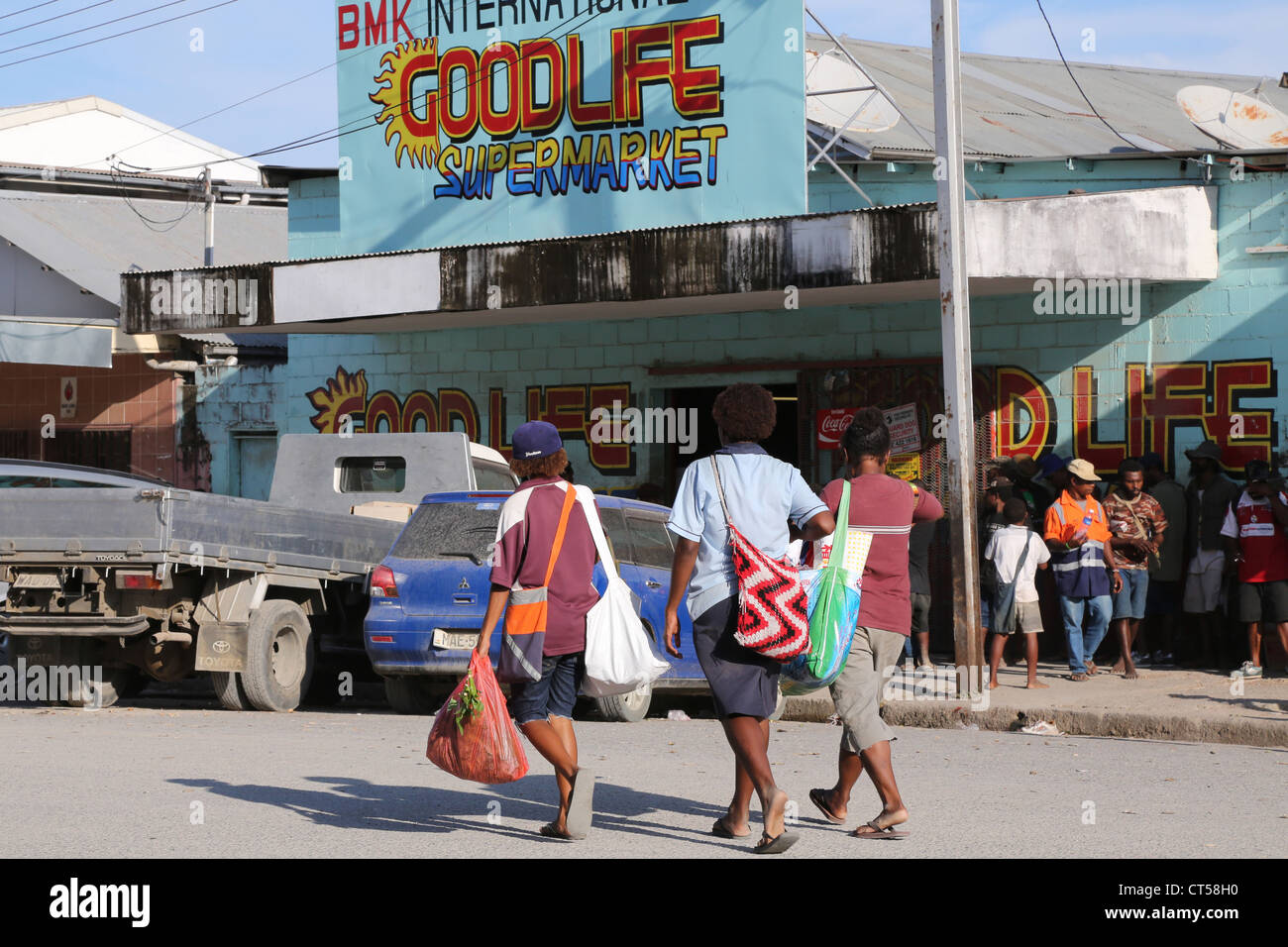 Entrance to a supermarket with the name GOOD LIFE in Madang, Papua New Guinea Stock Photo