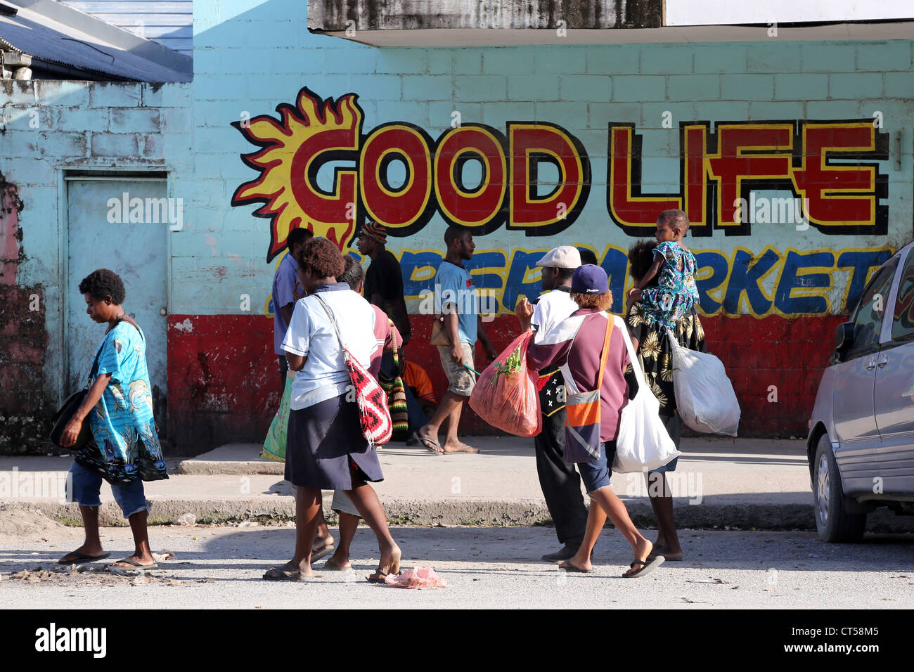 Entrance to a supermarket with the name GOOD LIFE in Madang, Papua New Guinea Stock Photo