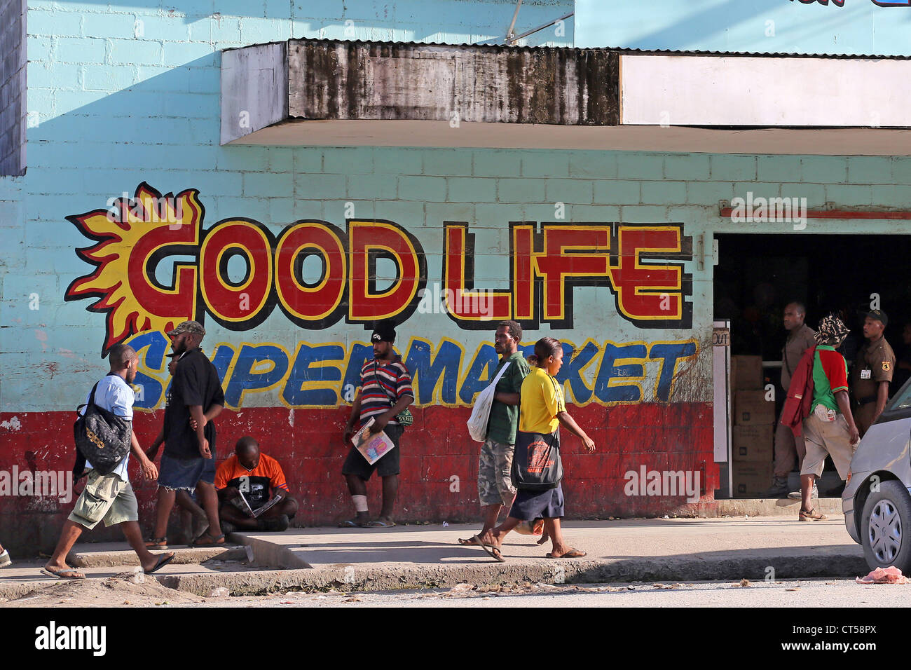 Entrance to a supermarket with the name GOOD LIFE in Madang, Papua New Guinea Stock Photo
